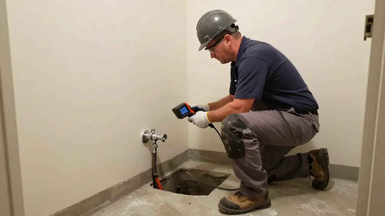Hot Water Line Leak Repair in Missouri City, Texas: plumber using a thermal imaging camera to locate a hot spot indicating a