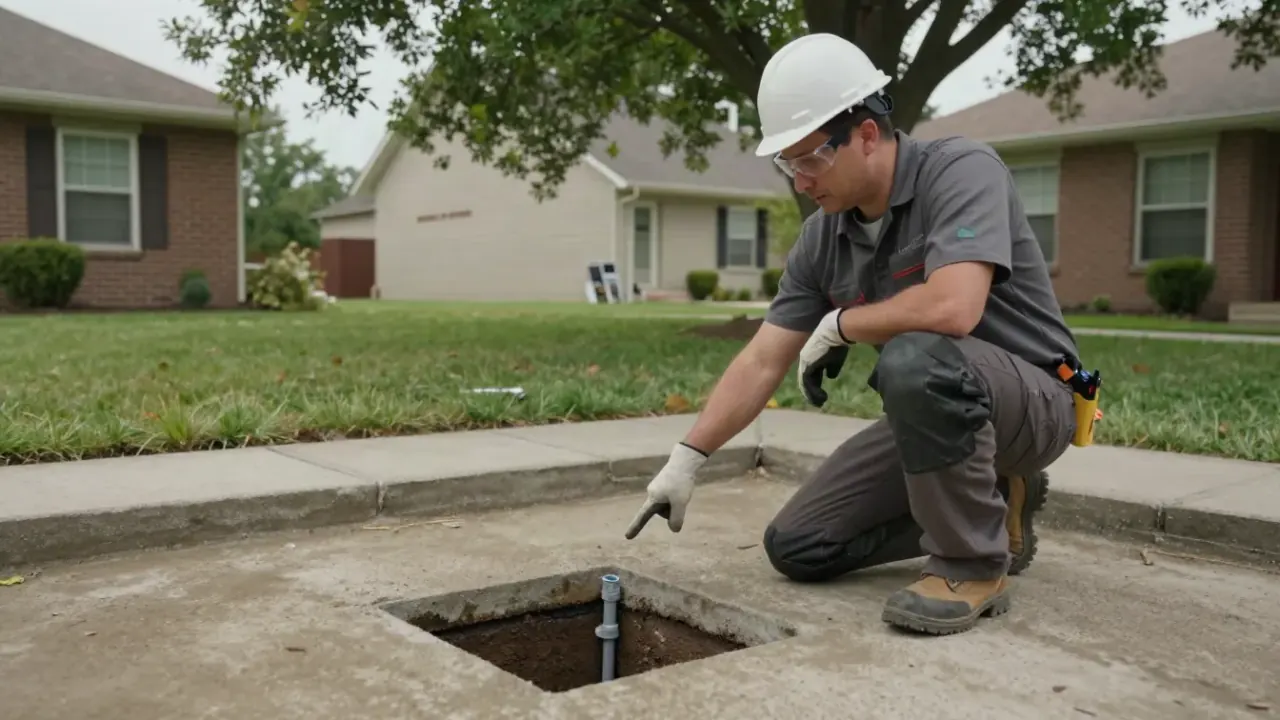 Slab Leak Repair in Missouri City, Texas: plumber speaking with a homeowner in their backyard, pointing towards the general