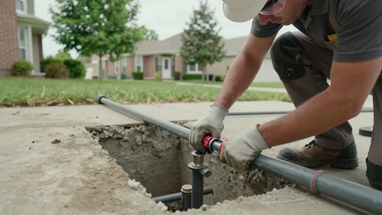 Slab Leak Repair in Missouri City, Texas: Close-up of a plumber's gloved hands expertly fusing a section of PEX pipe with a